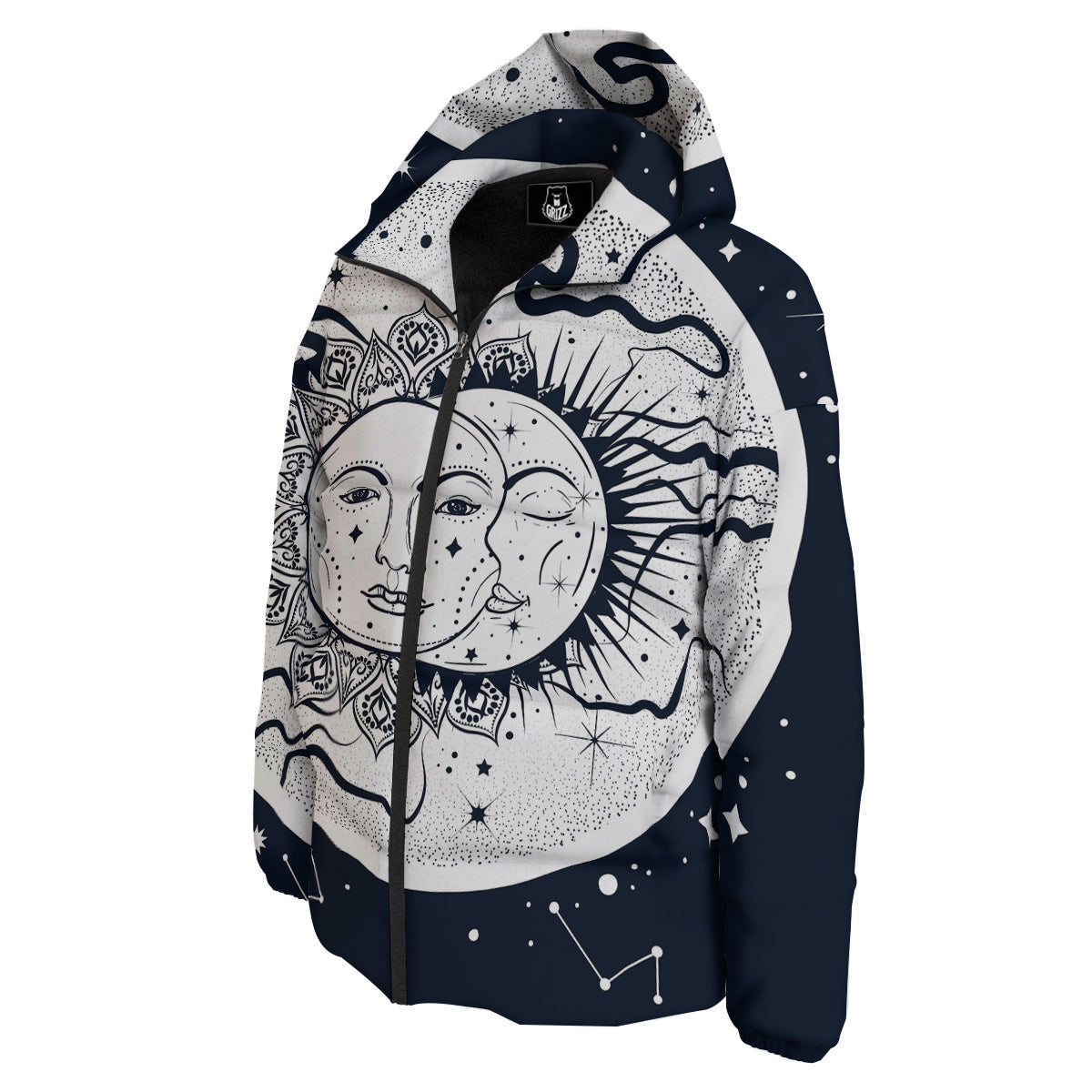 Sun And Moon Bohemian Celestial Print Down Jacket-grizzshop