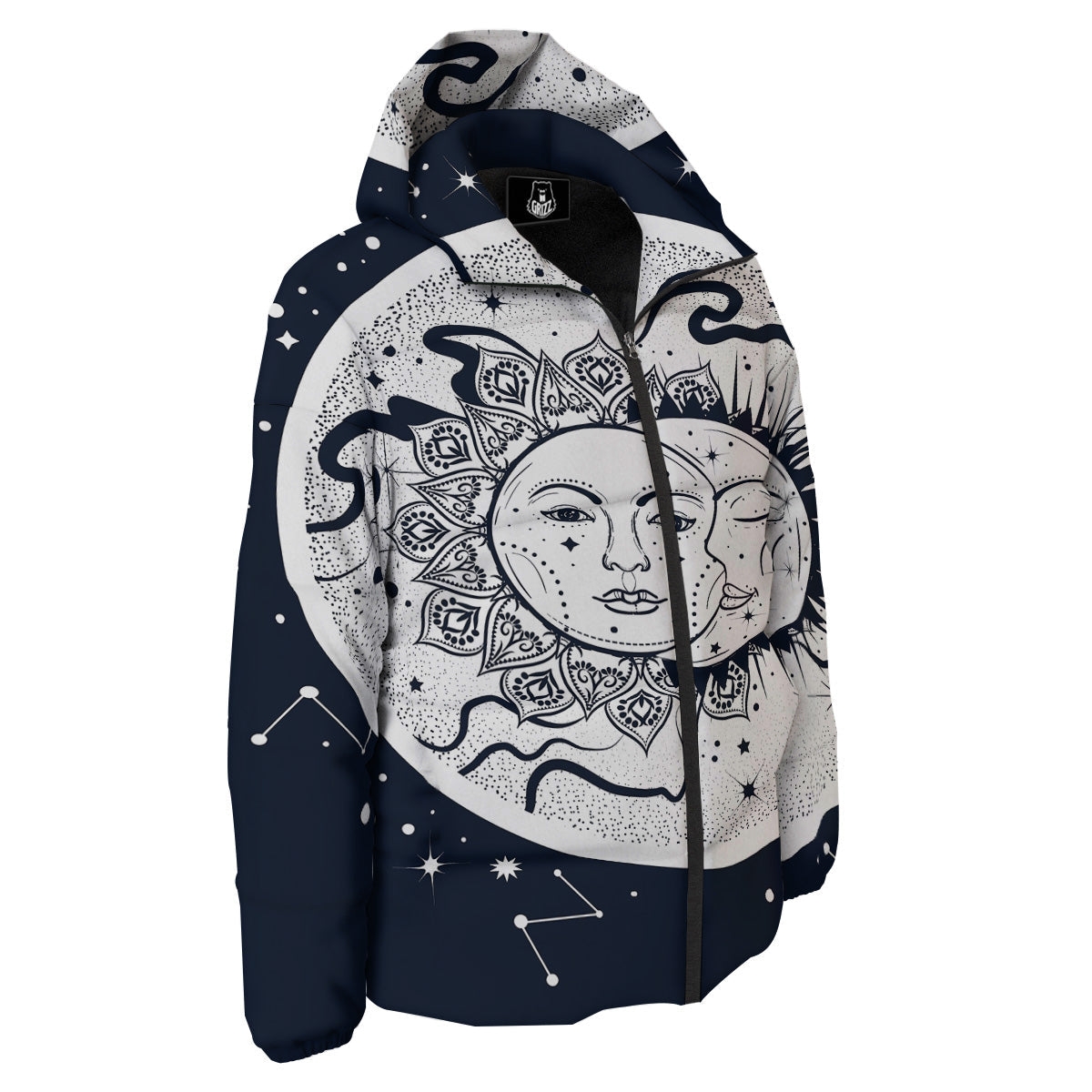 Sun And Moon Bohemian Celestial Print Down Jacket-grizzshop