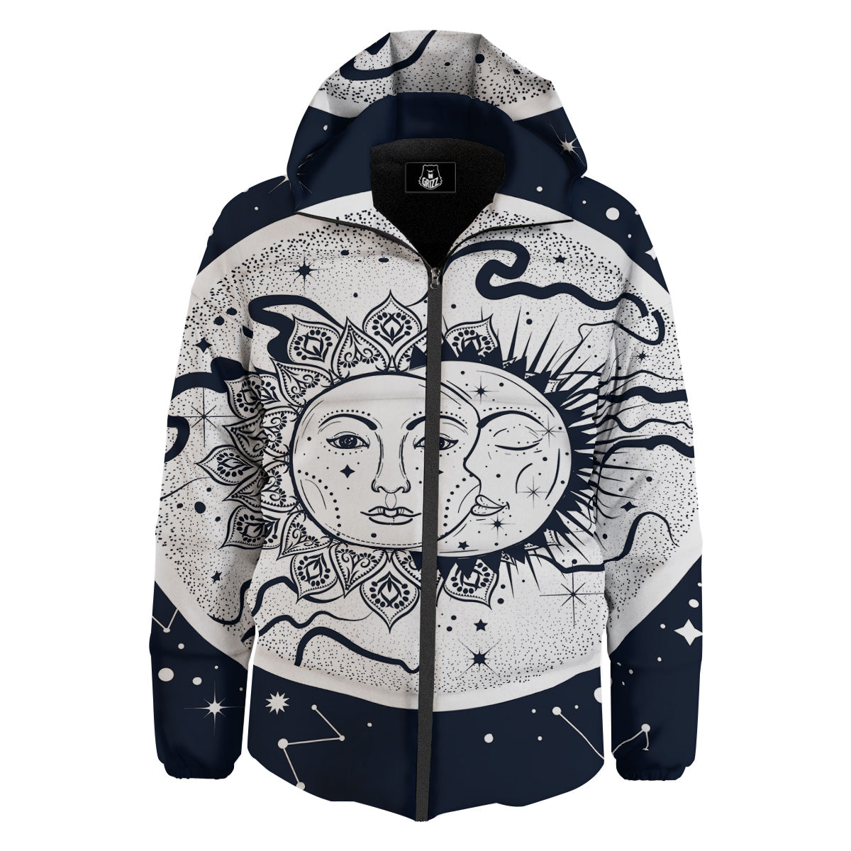 Sun And Moon Bohemian Celestial Print Down Jacket-grizzshop