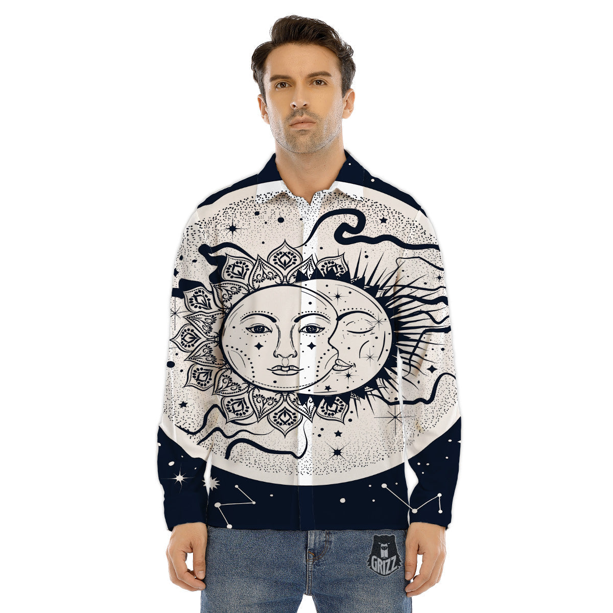 Sun And Moon Bohemian Celestial Print Men's Dress Shirts-grizzshop