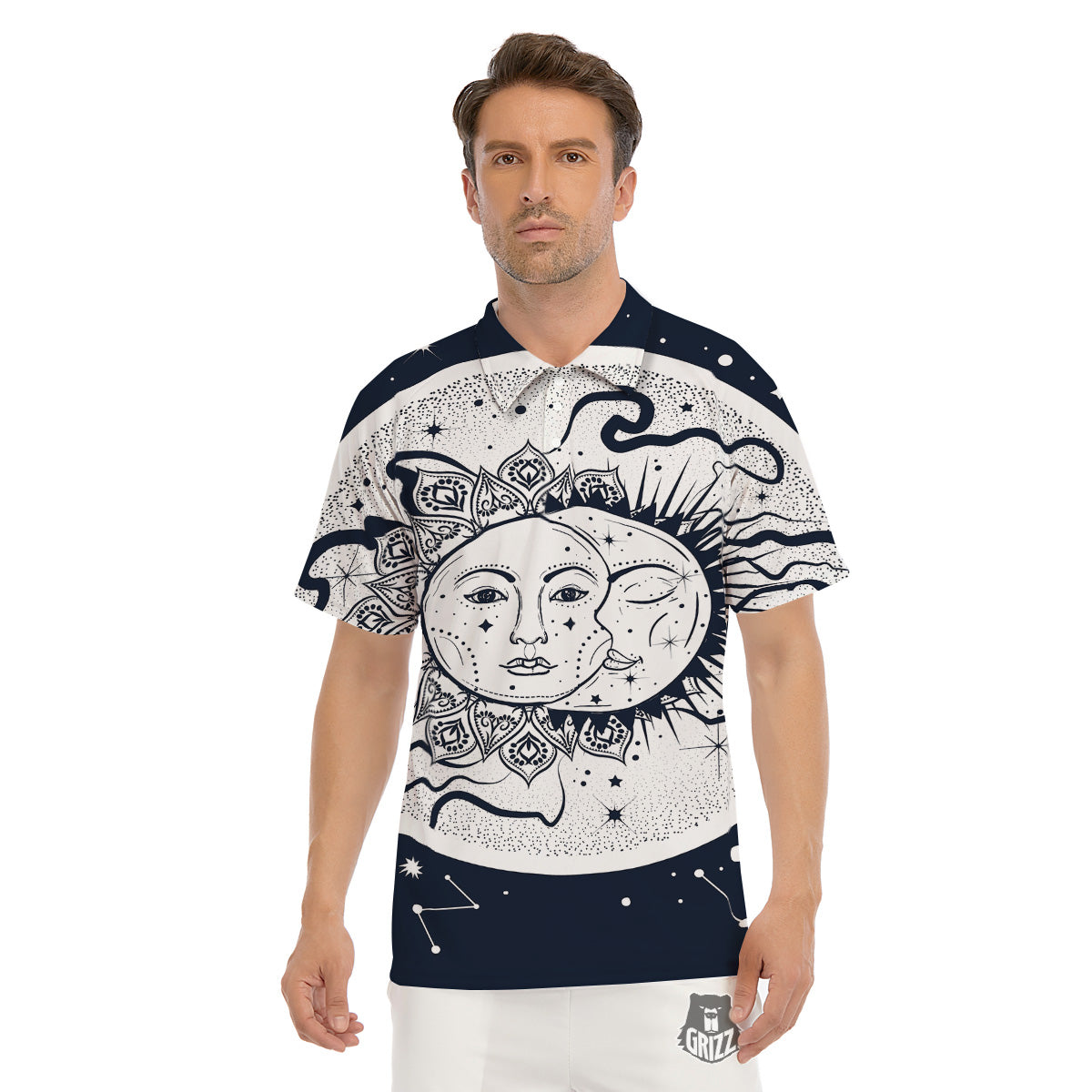 Sun And Moon Bohemian Celestial Print Men's Golf Shirts-grizzshop