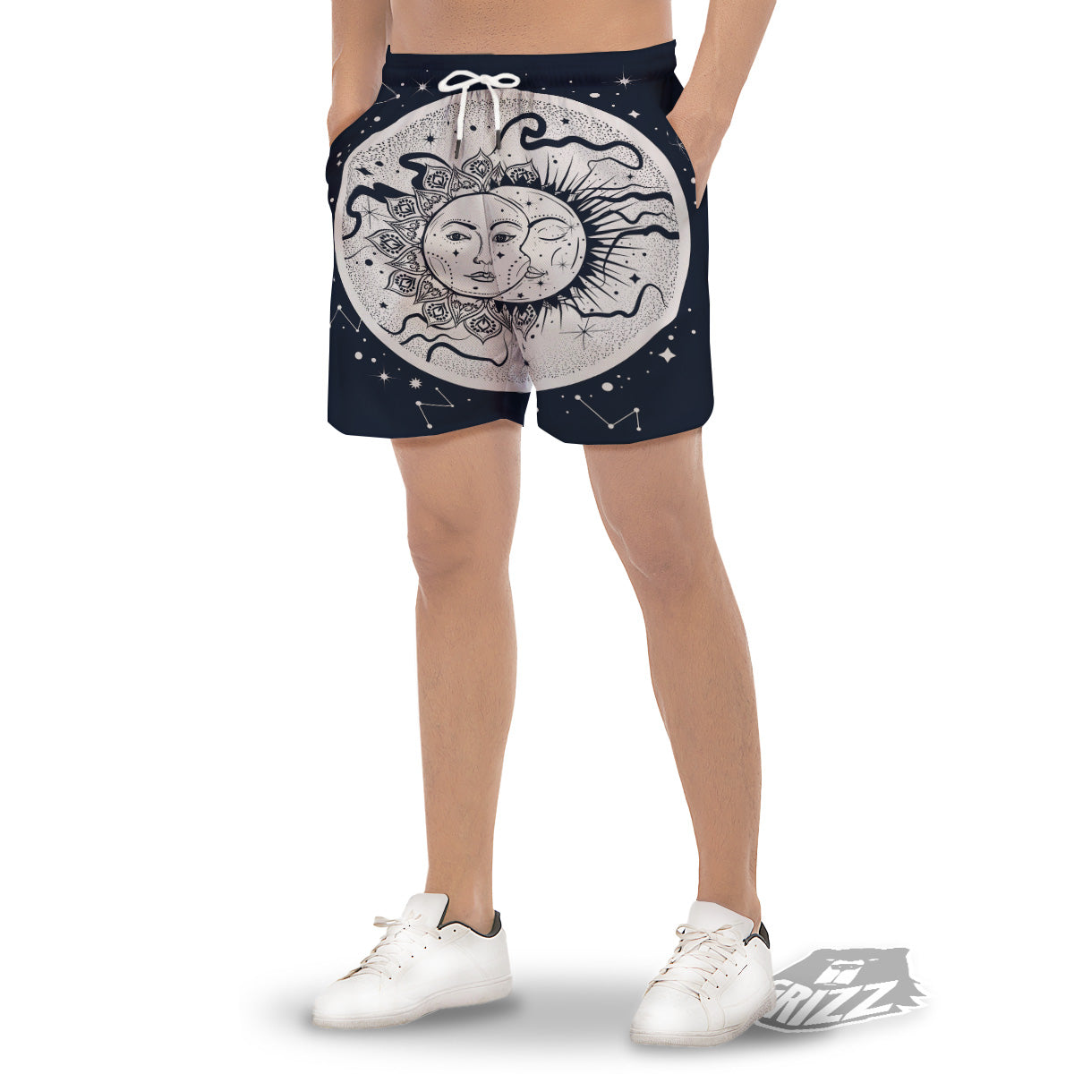 Sun And Moon Bohemian Celestial Print Men's Gym Shorts-grizzshop