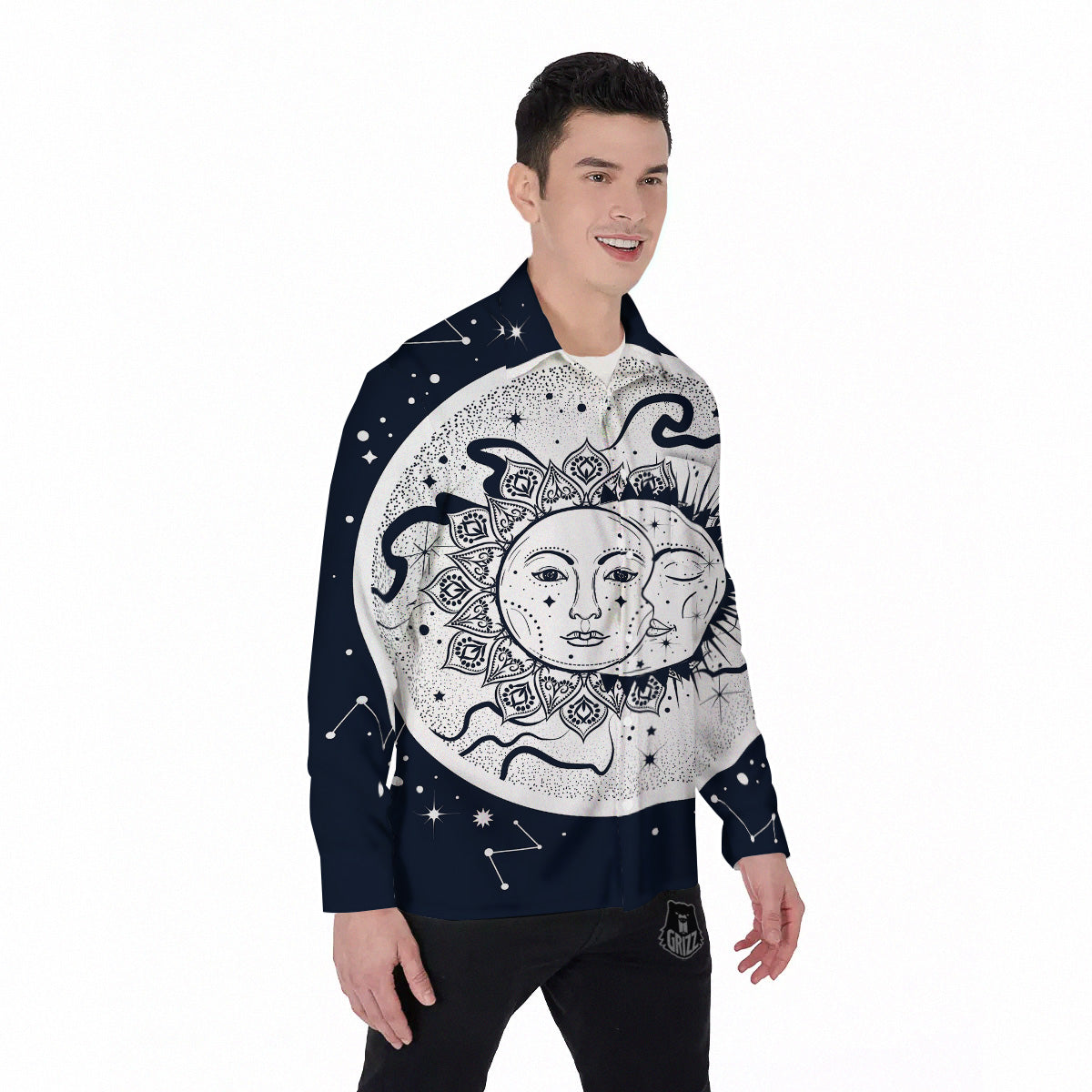 Sun And Moon Bohemian Celestial Print Men's Long Sleeve Shirts-grizzshop