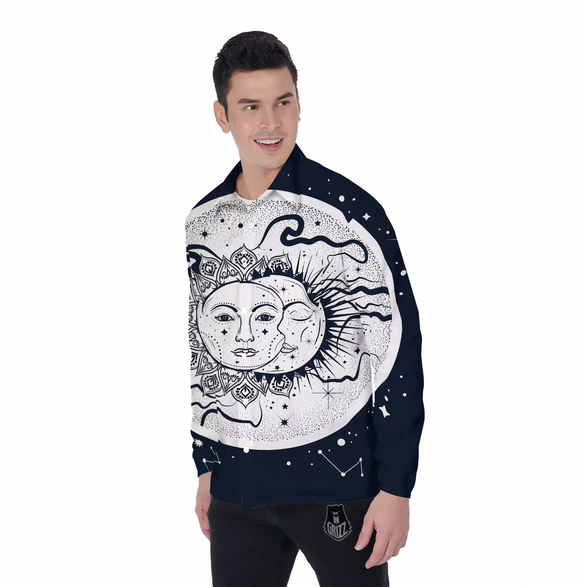 Sun And Moon Bohemian Celestial Print Men's Long Sleeve Shirts-grizzshop