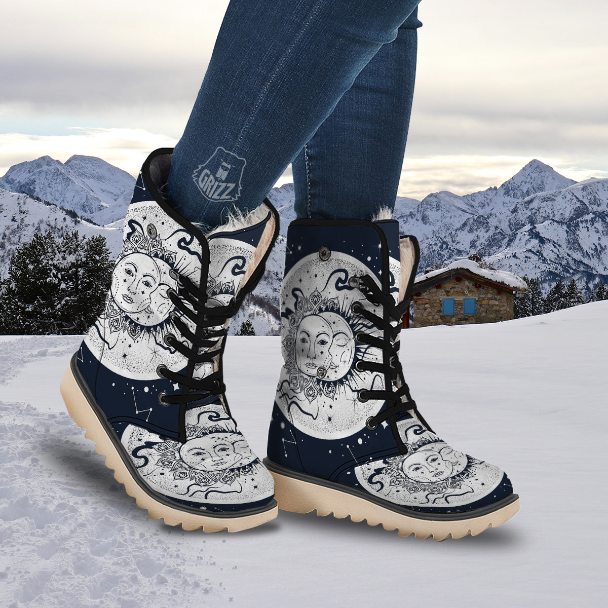 Sun And Moon Bohemian Celestial Print Snow Boots-grizzshop