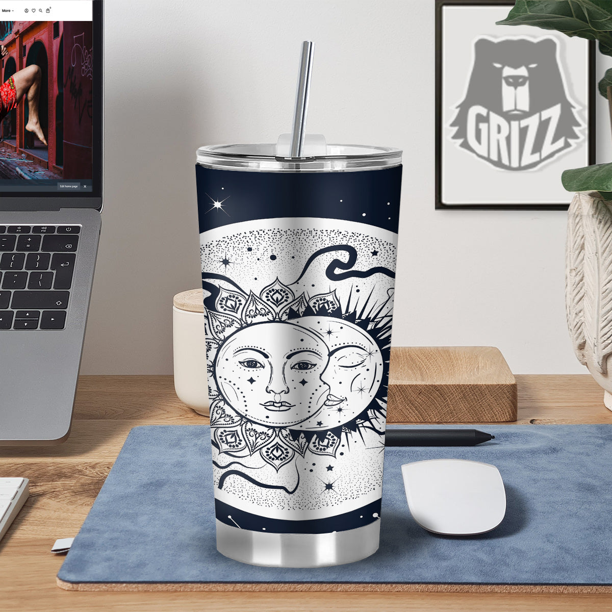 Sun And Moon Bohemian Celestial Print Tumbler-grizzshop