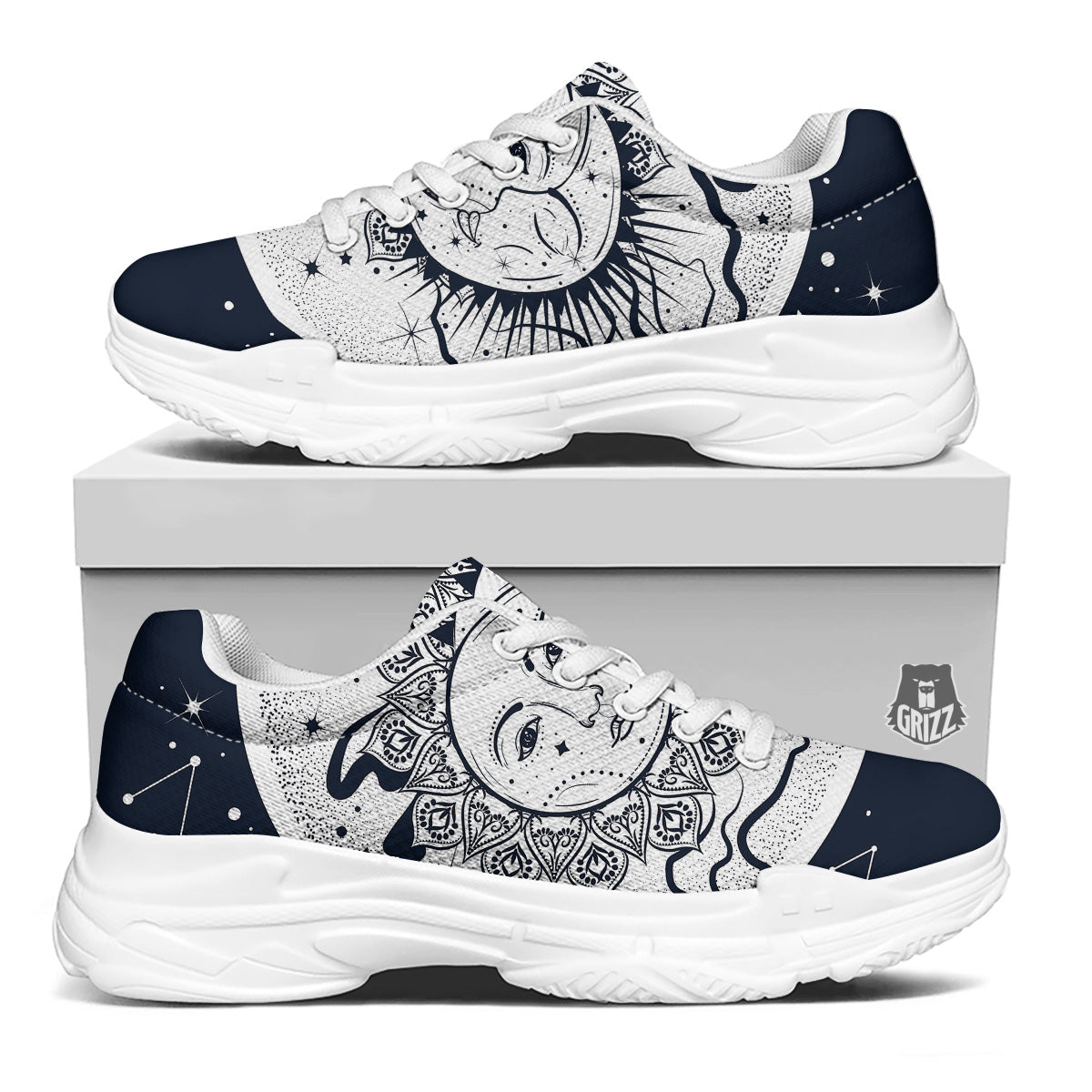 Sun And Moon Bohemian Celestial Print White Chunky Shoes-grizzshop