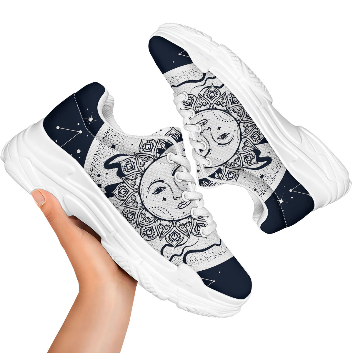 Sun And Moon Bohemian Celestial Print White Chunky Shoes-grizzshop