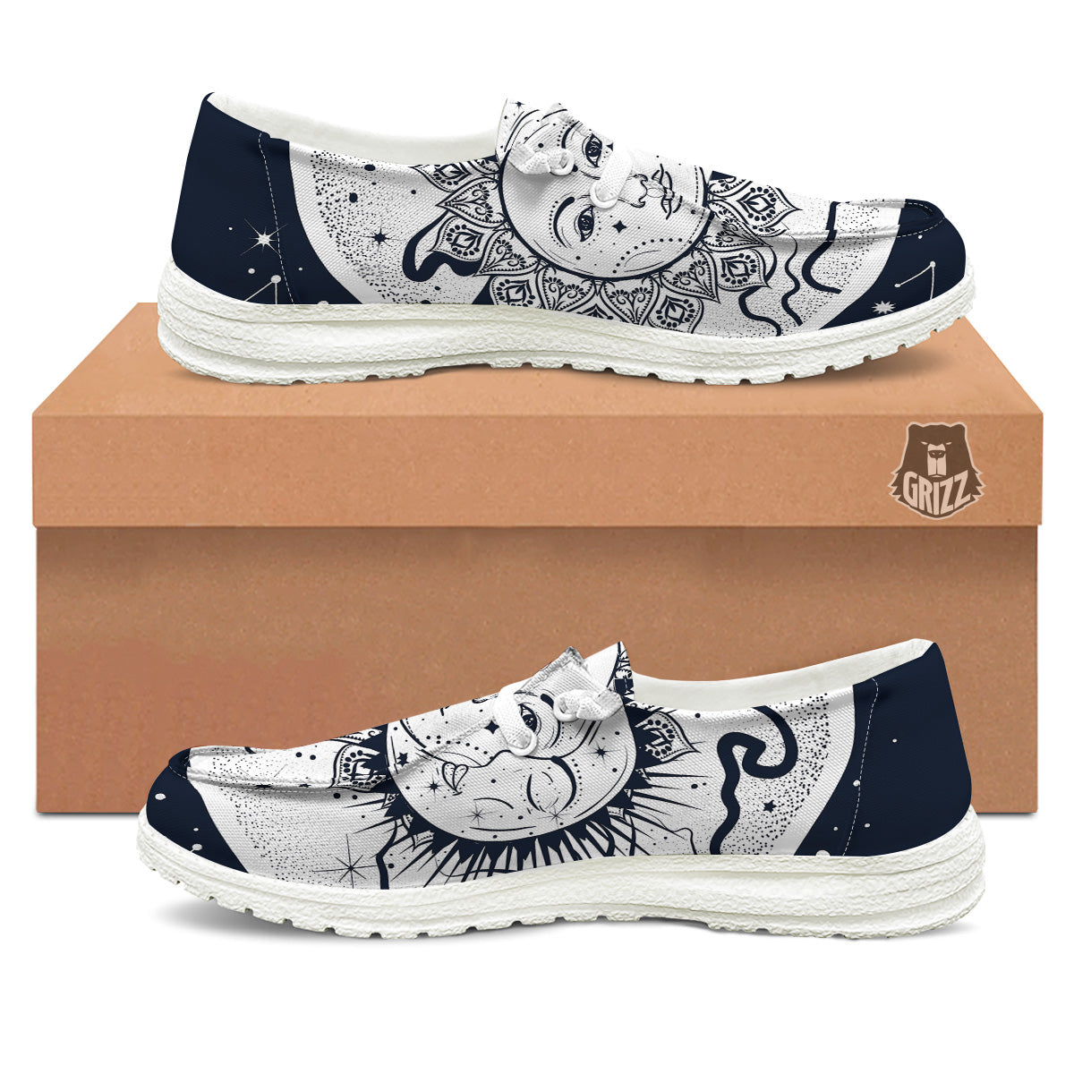 Sun And Moon Bohemian Celestial Print White Loafers-grizzshop