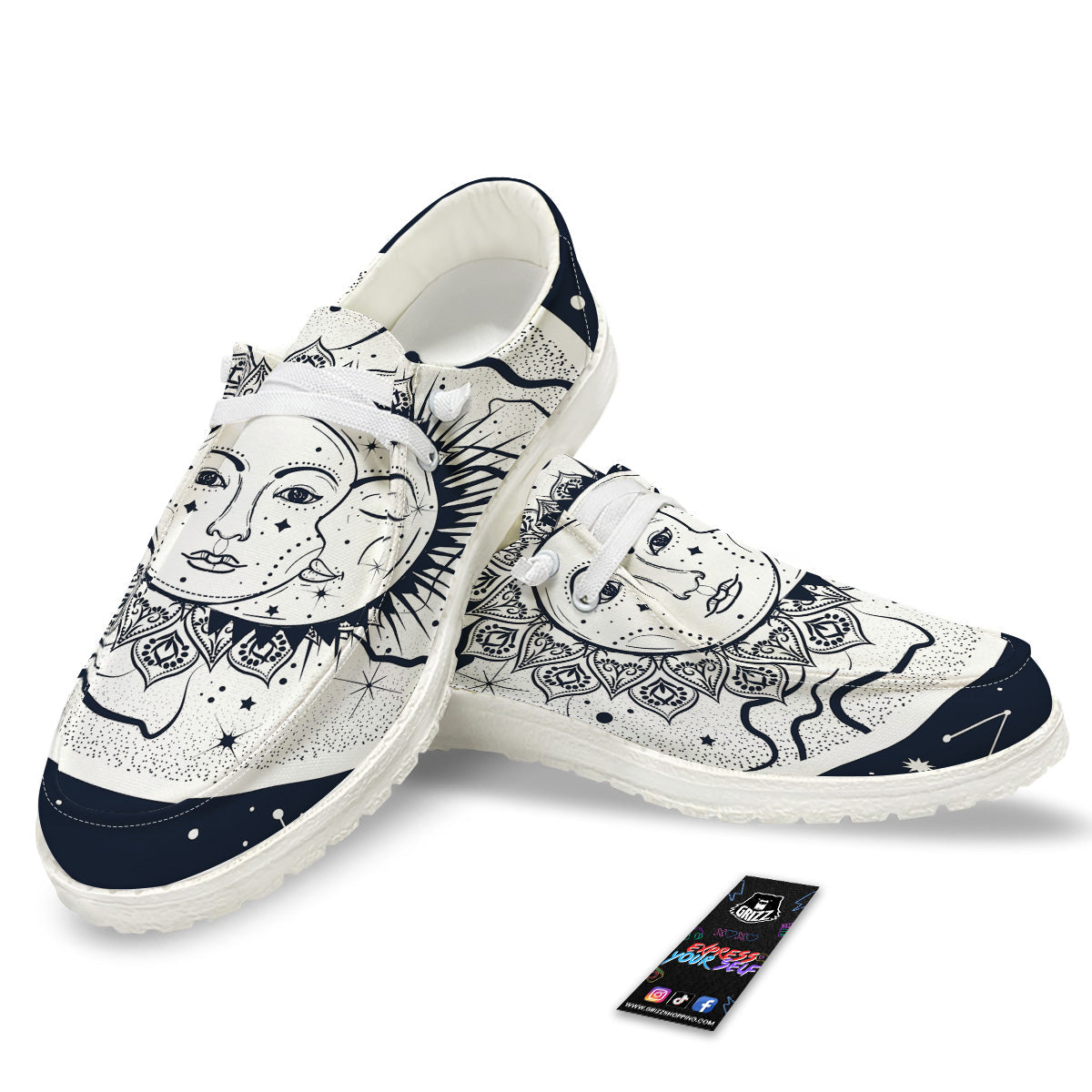 Sun And Moon Bohemian Celestial Print White Loafers-grizzshop