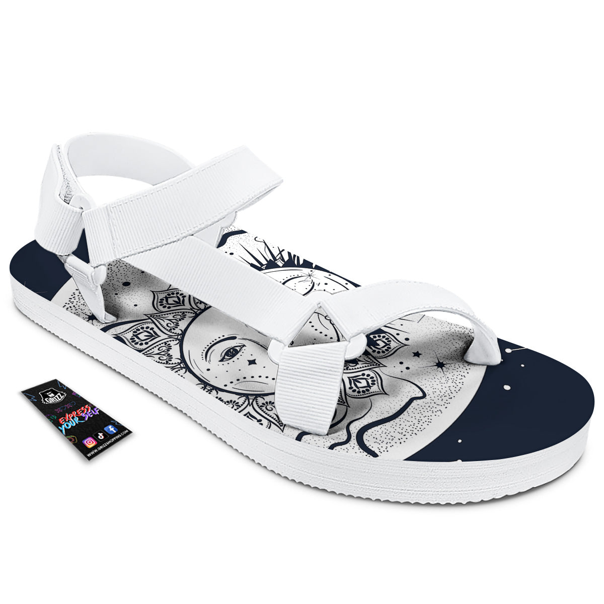 Sun And Moon Bohemian Celestial Print White Open Toe Sandals-grizzshop