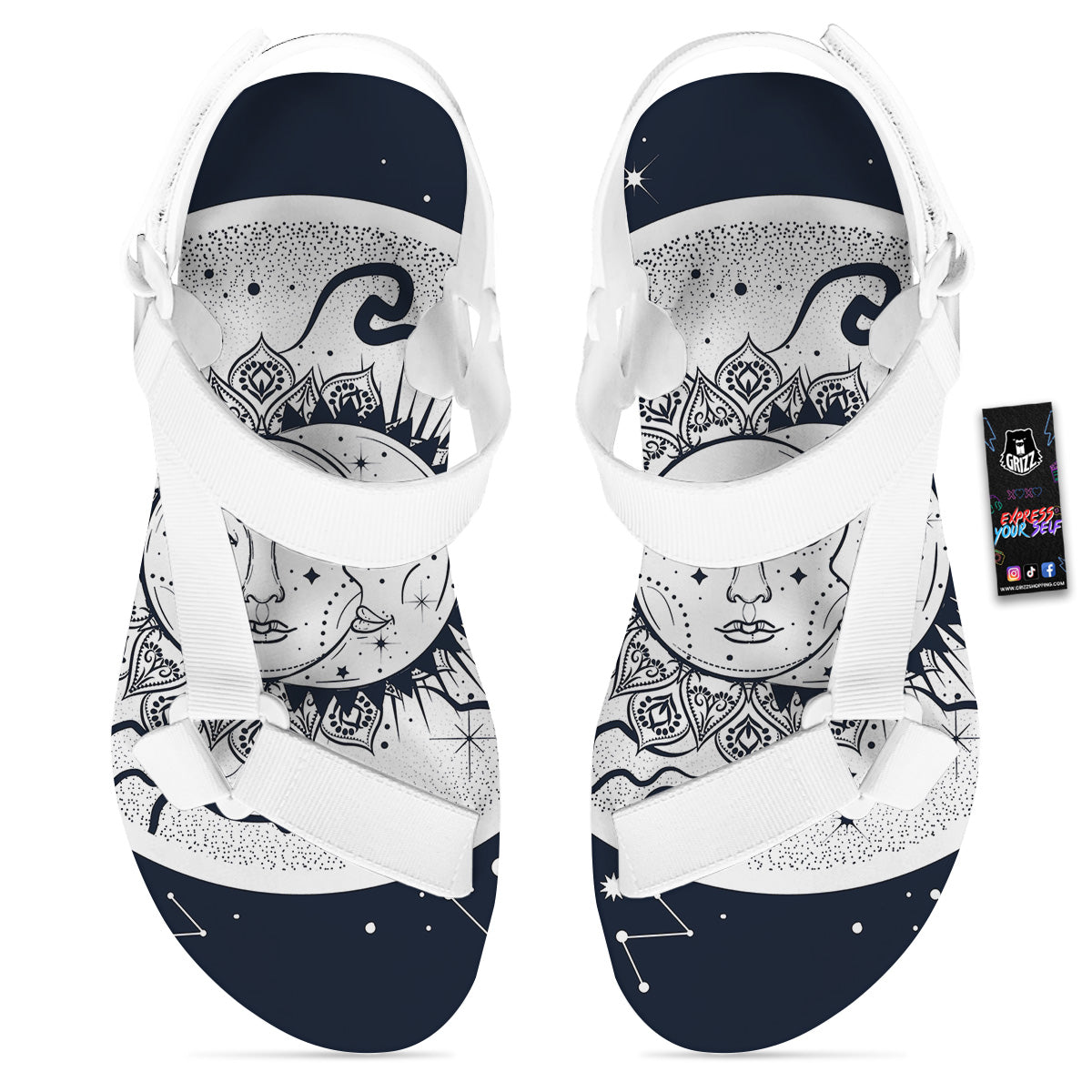 Sun And Moon Bohemian Celestial Print White Open Toe Sandals-grizzshop