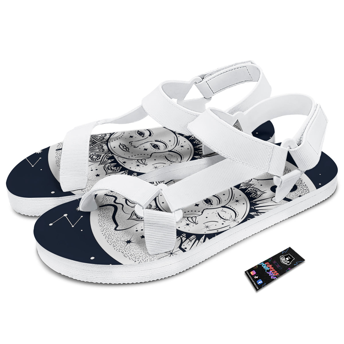 Sun And Moon Bohemian Celestial Print White Open Toe Sandals-grizzshop