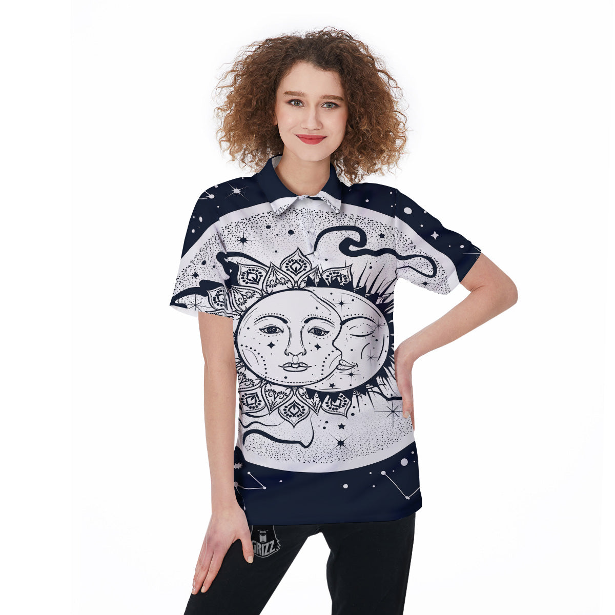 Sun And Moon Bohemian Celestial Print Women's Golf Shirts-grizzshop