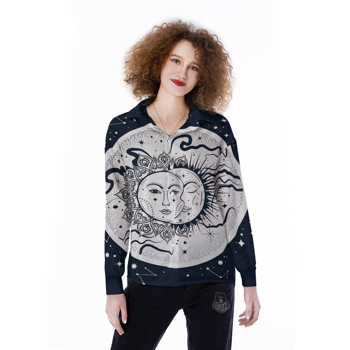 Sun And Moon Bohemian Celestial Print Women's Long Sleeve Shirts-grizzshop