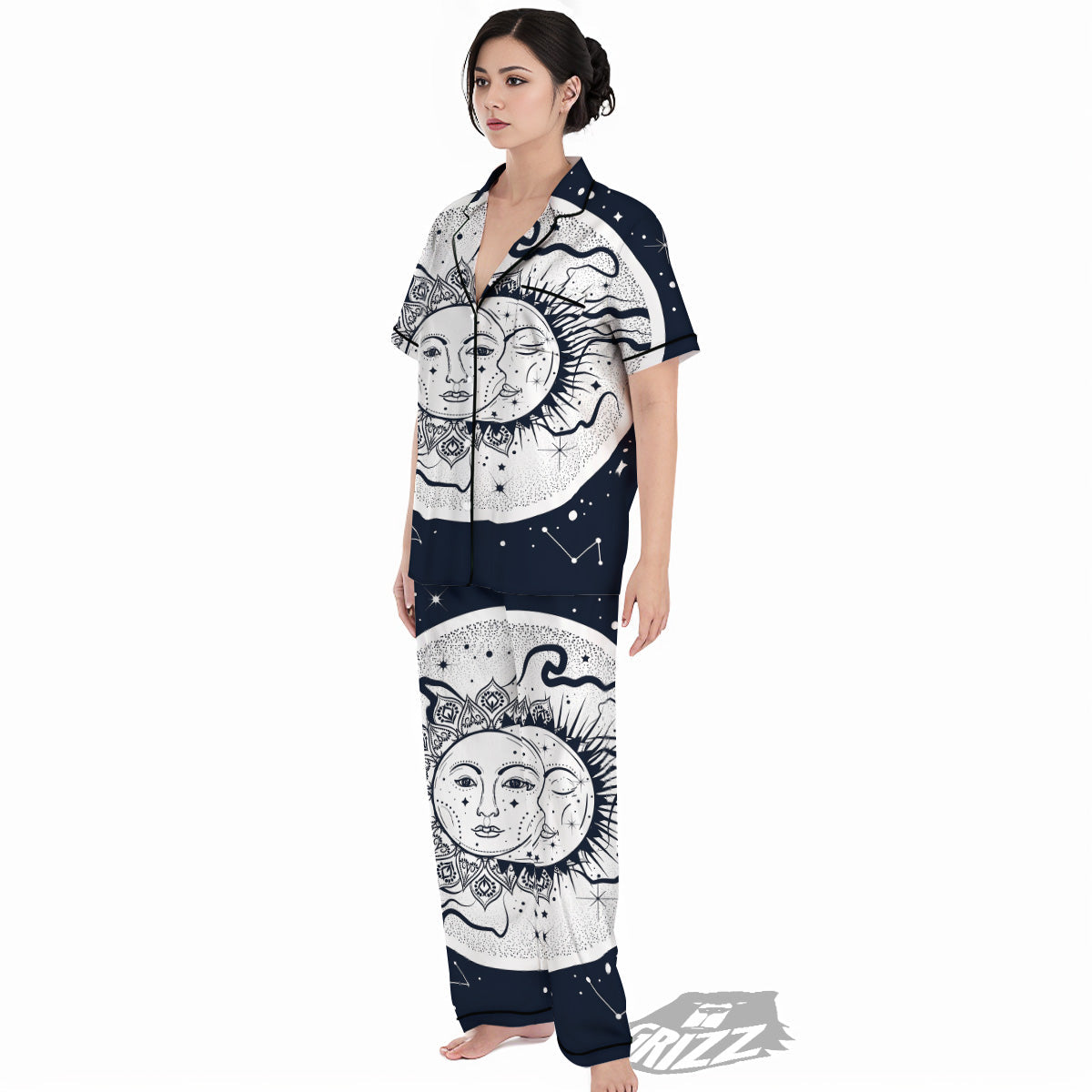 Sun And Moon Bohemian Celestial Print Women's Pajamas Set-grizzshop