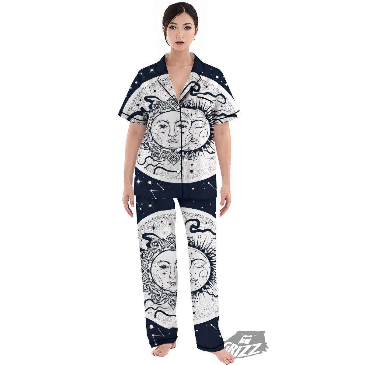 Sun And Moon Bohemian Celestial Print Women's Pajamas Set-grizzshop