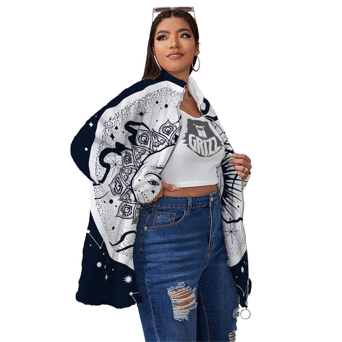 Sun And Moon Bohemian Celestial Print Women's Sherpa Jacket-grizzshop