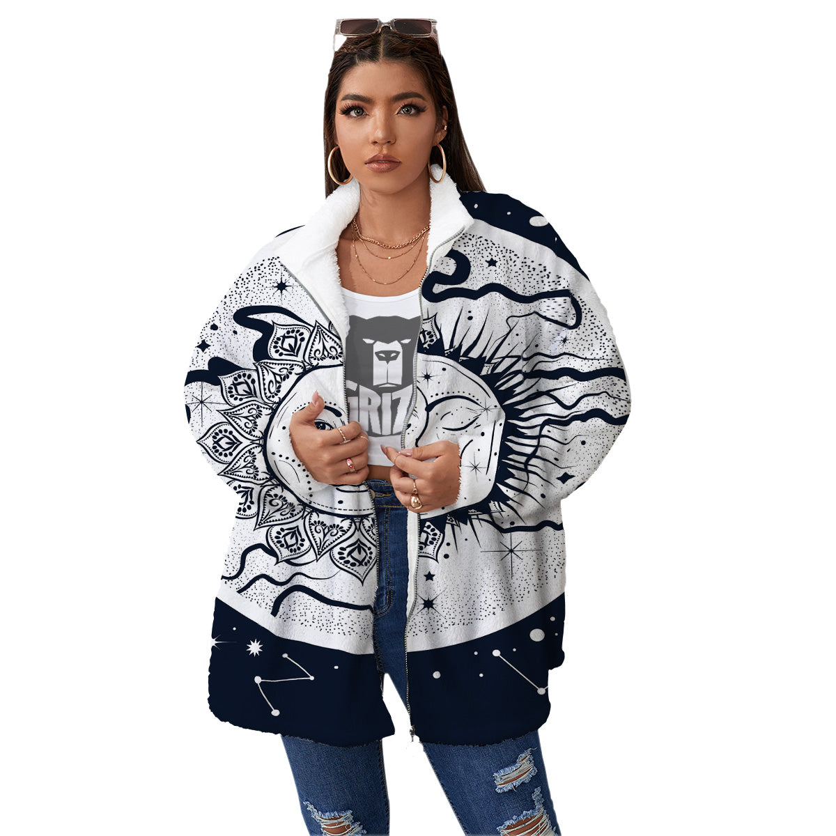 Sun And Moon Bohemian Celestial Print Women's Sherpa Jacket-grizzshop