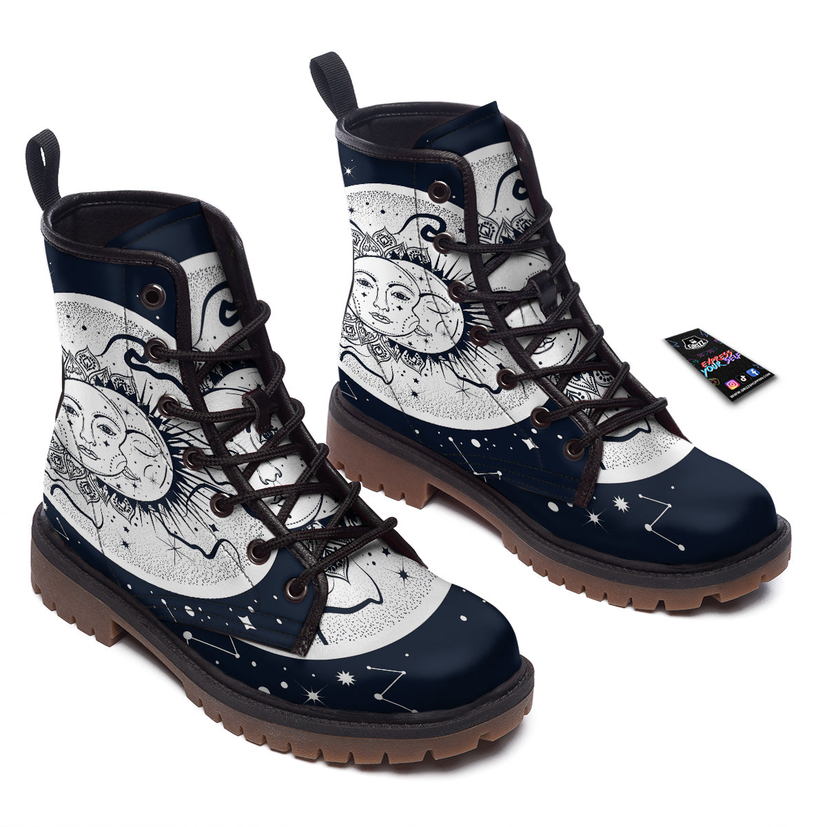 Sun And Moon Bohemian Celestial Print Work Boots-grizzshop