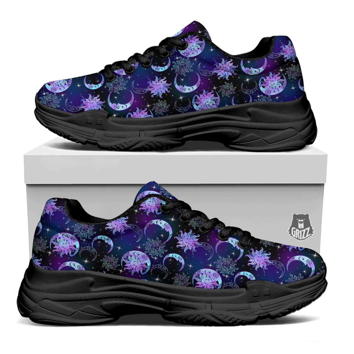 Sun And Moon Galaxy Celestial Print Black Chunky Shoes-grizzshop