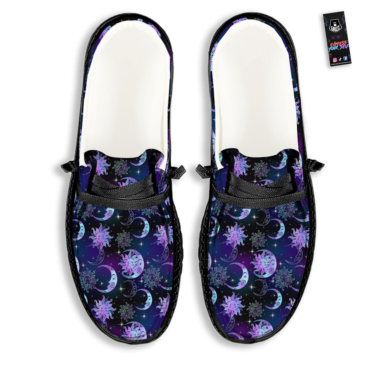 Sun And Moon Galaxy Celestial Print Black Loafers-grizzshop