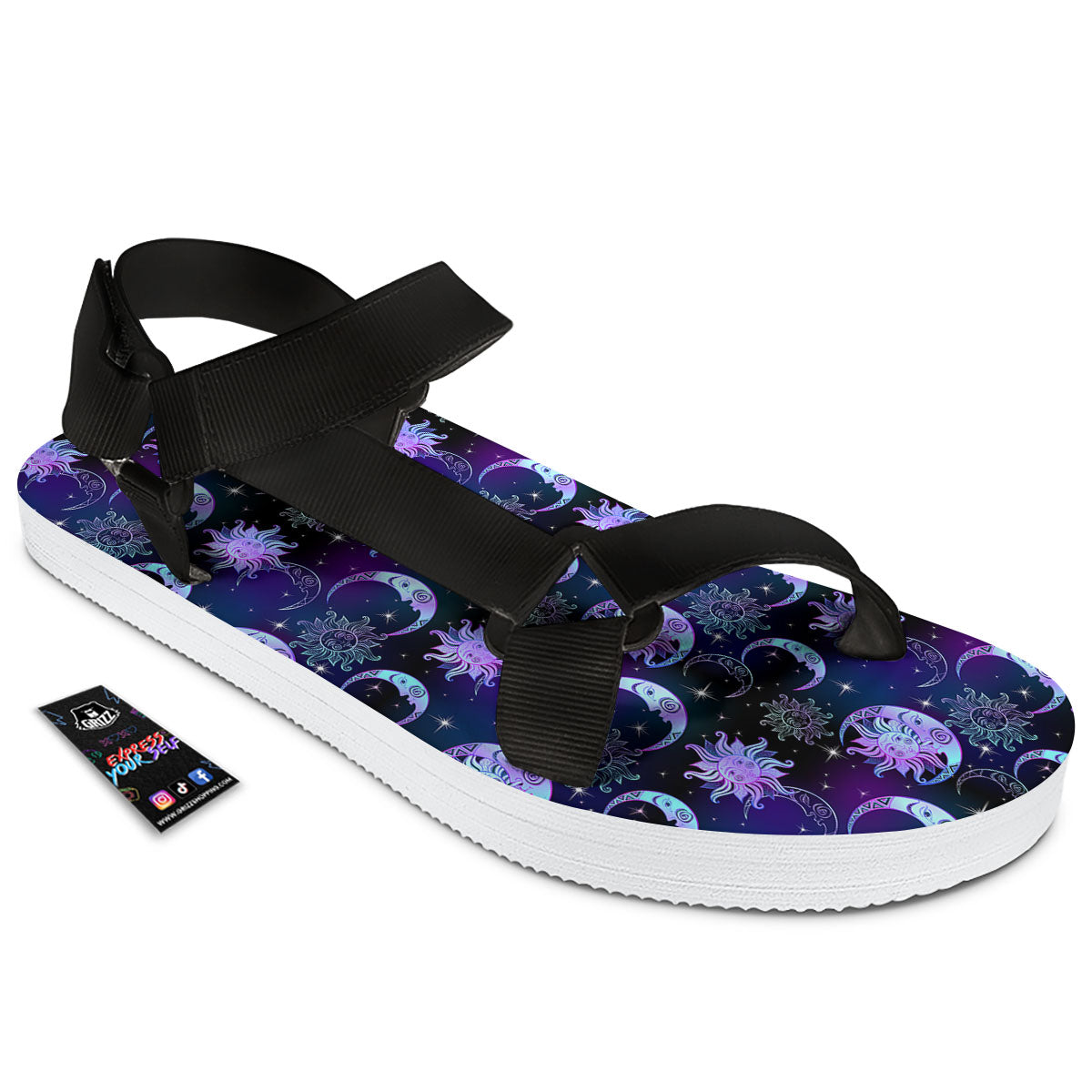 Sun And Moon Galaxy Celestial Print Black Open Toe Sandals-grizzshop