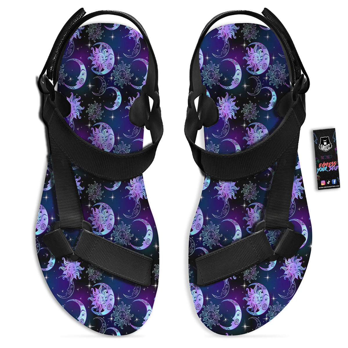 Sun And Moon Galaxy Celestial Print Black Open Toe Sandals-grizzshop