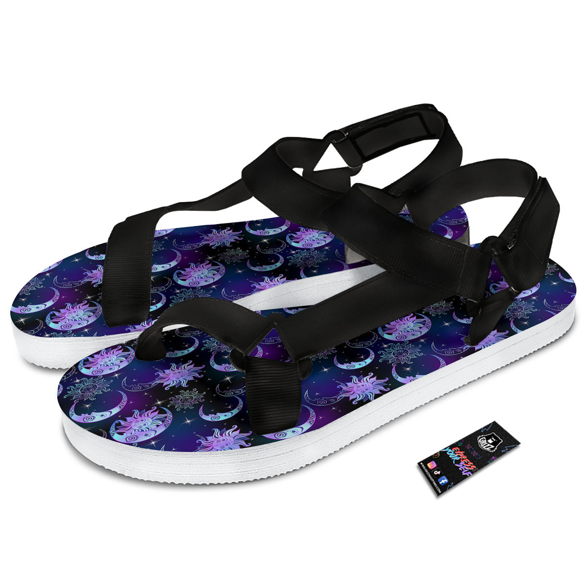 Sun And Moon Galaxy Celestial Print Black Open Toe Sandals-grizzshop