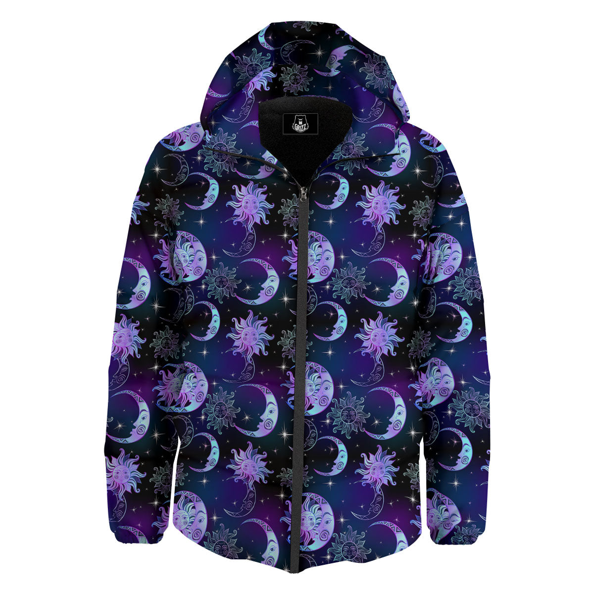 Sun And Moon Galaxy Celestial Print Down Jacket-grizzshop