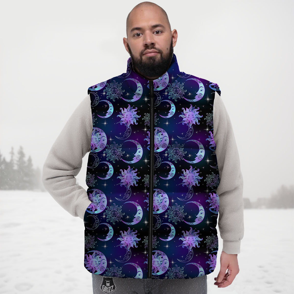 Sun And Moon Galaxy Celestial Print Down Vest