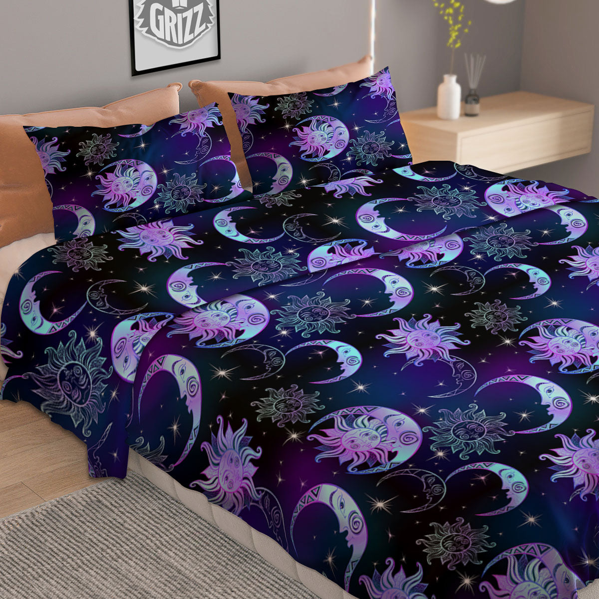 Sun And Moon Galaxy Celestial Print Duvet Cover Bedding Set