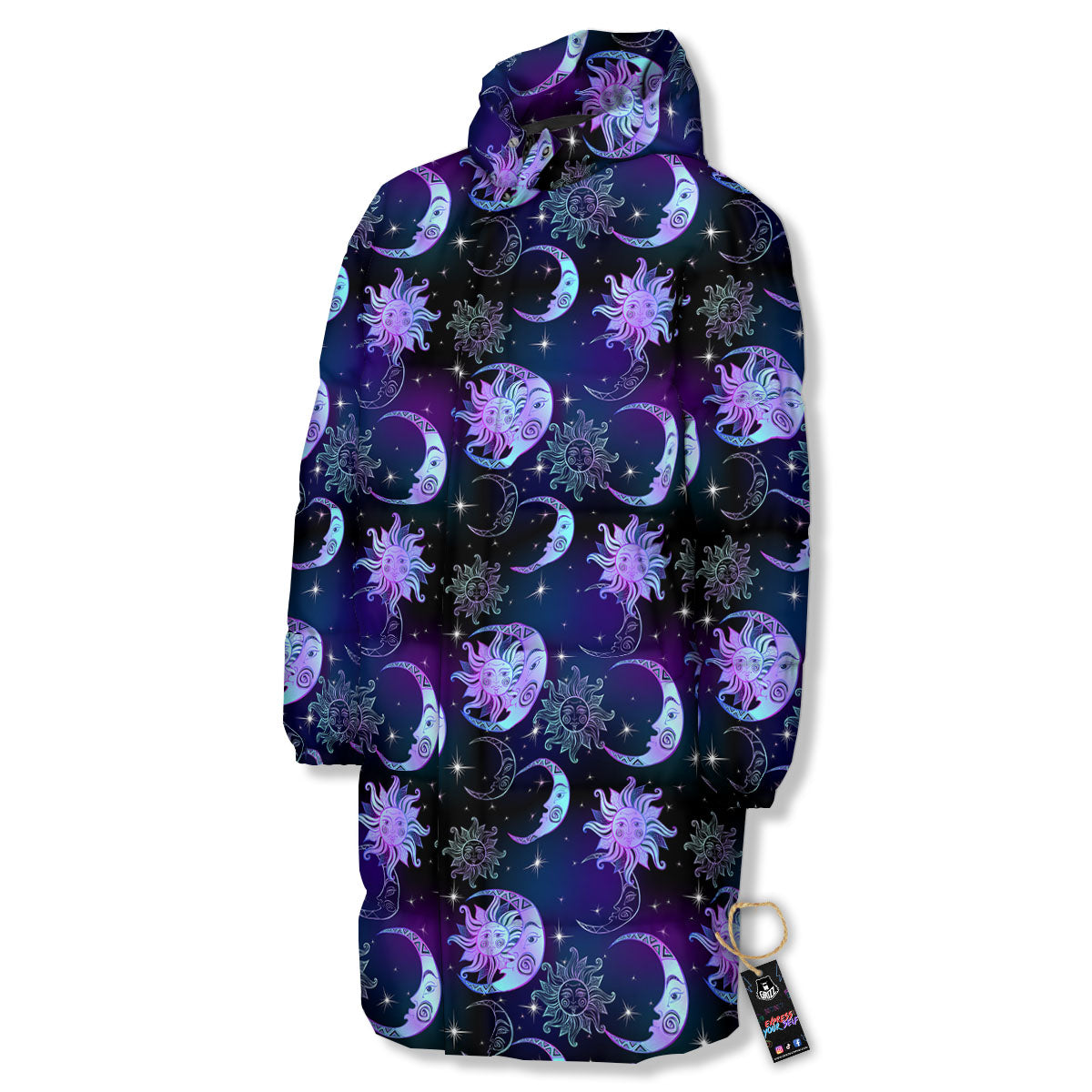 Sun And Moon Galaxy Celestial Print Long Down Jacket-grizzshop