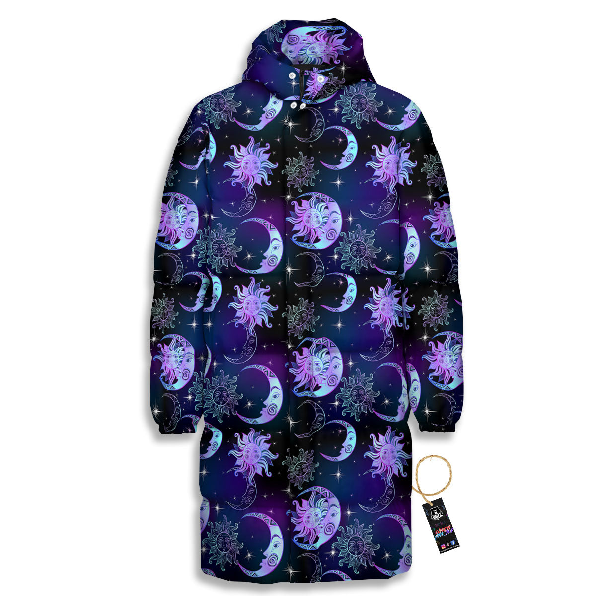 Sun And Moon Galaxy Celestial Print Long Down Jacket-grizzshop