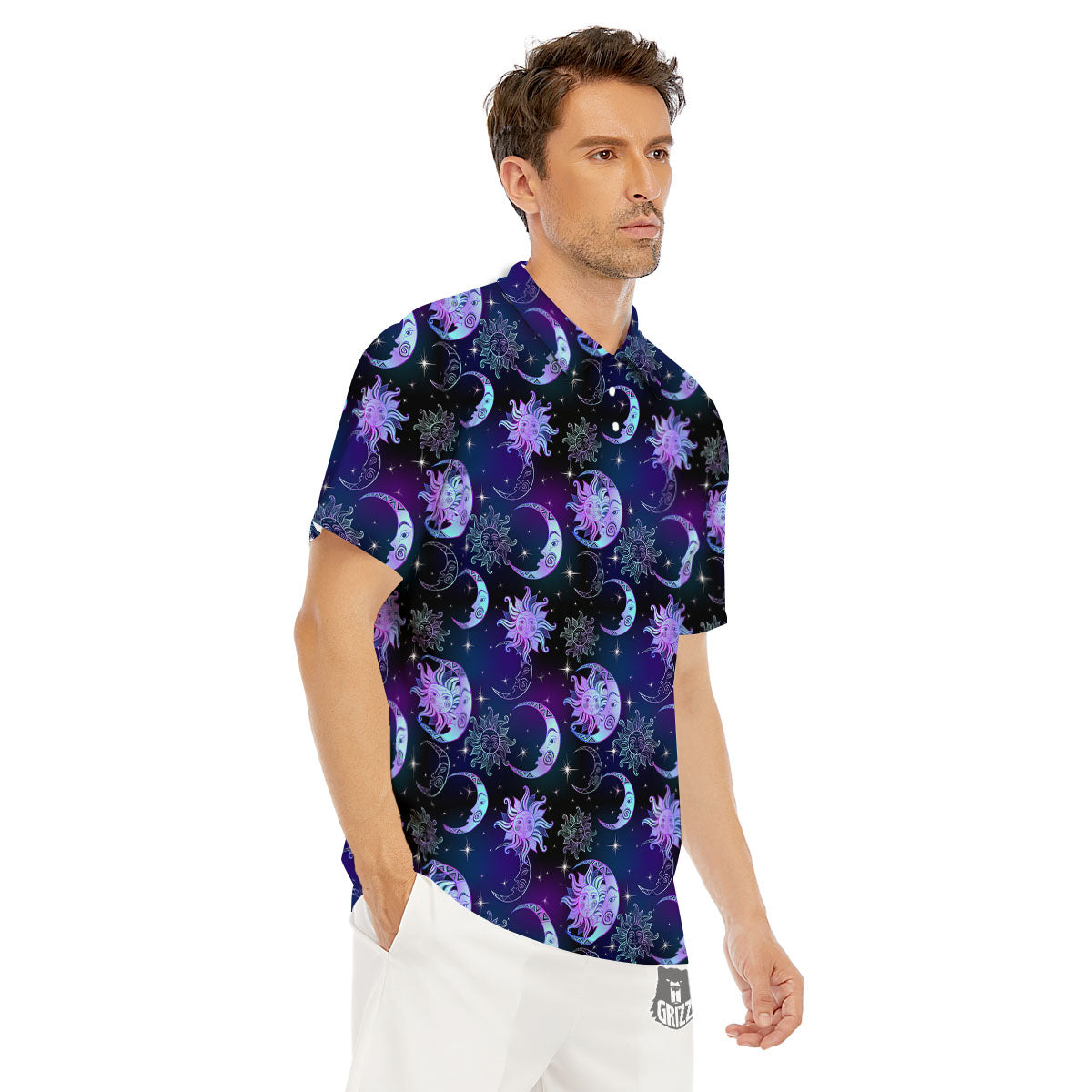 Sun And Moon Galaxy Celestial Print Men's Golf Shirts-grizzshop