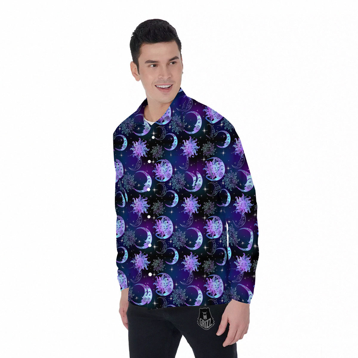 Sun And Moon Galaxy Celestial Print Men's Long Sleeve Shirts-grizzshop