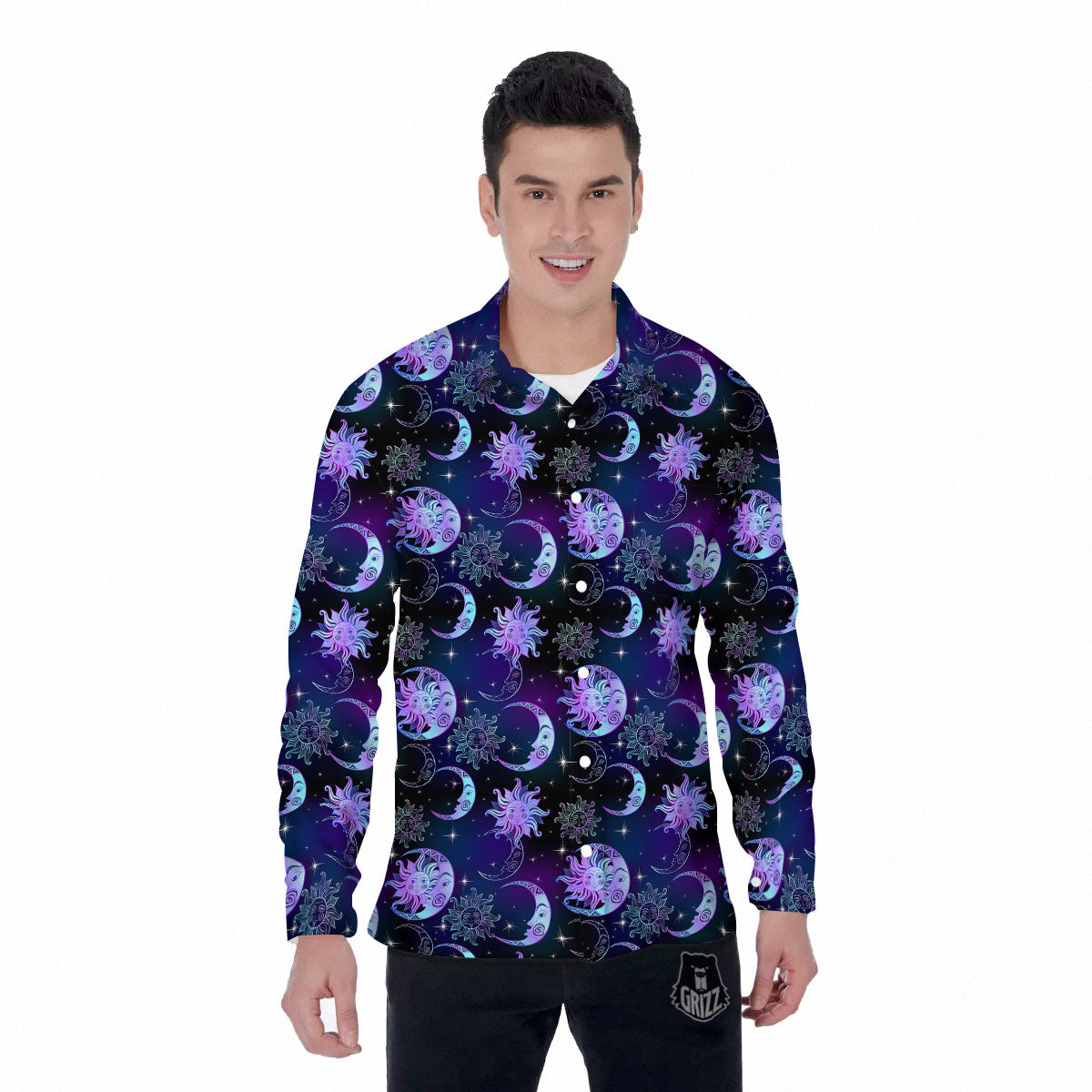 Sun And Moon Galaxy Celestial Print Men's Long Sleeve Shirts-grizzshop