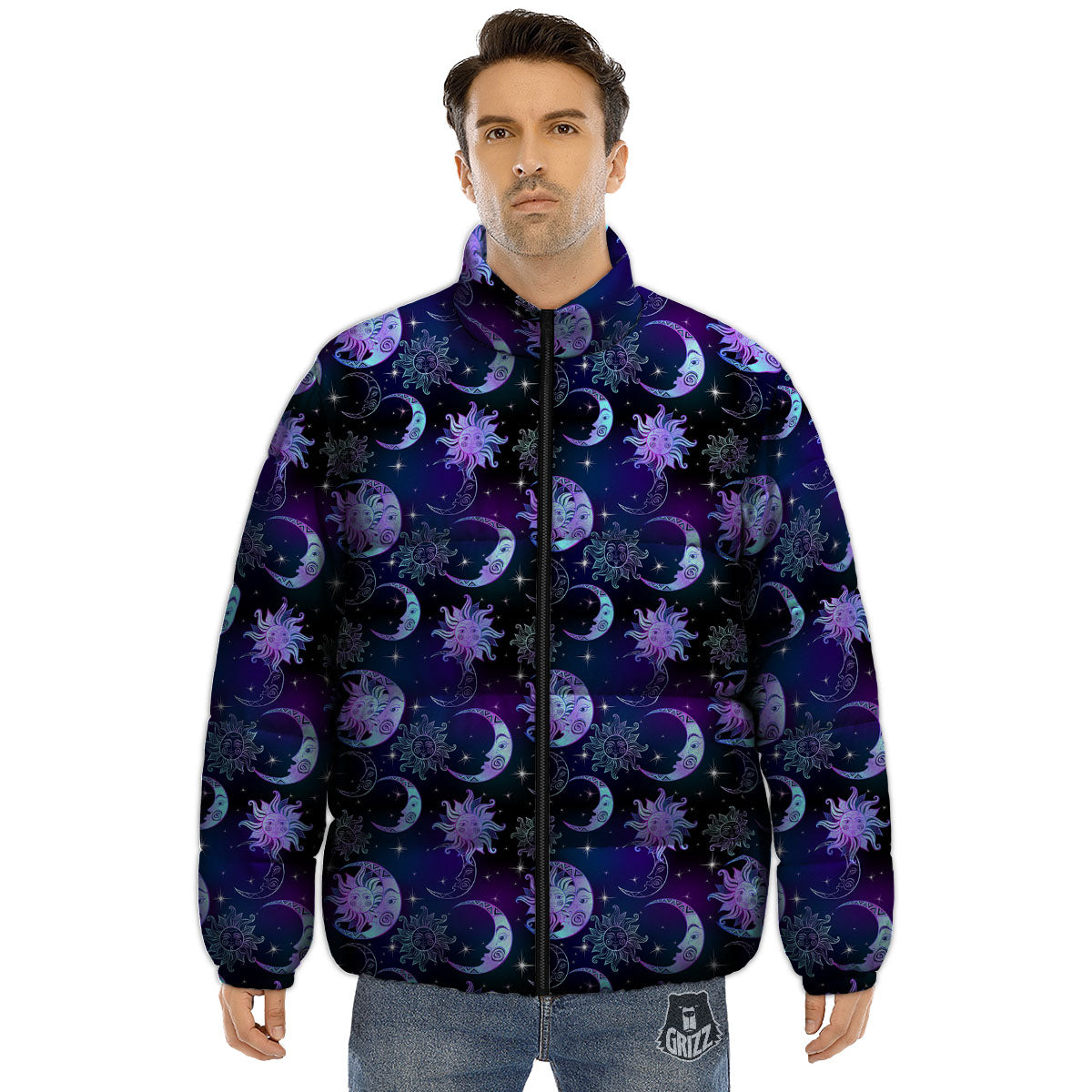 Sun And Moon Galaxy Celestial Print Puffer Jacket-grizzshop