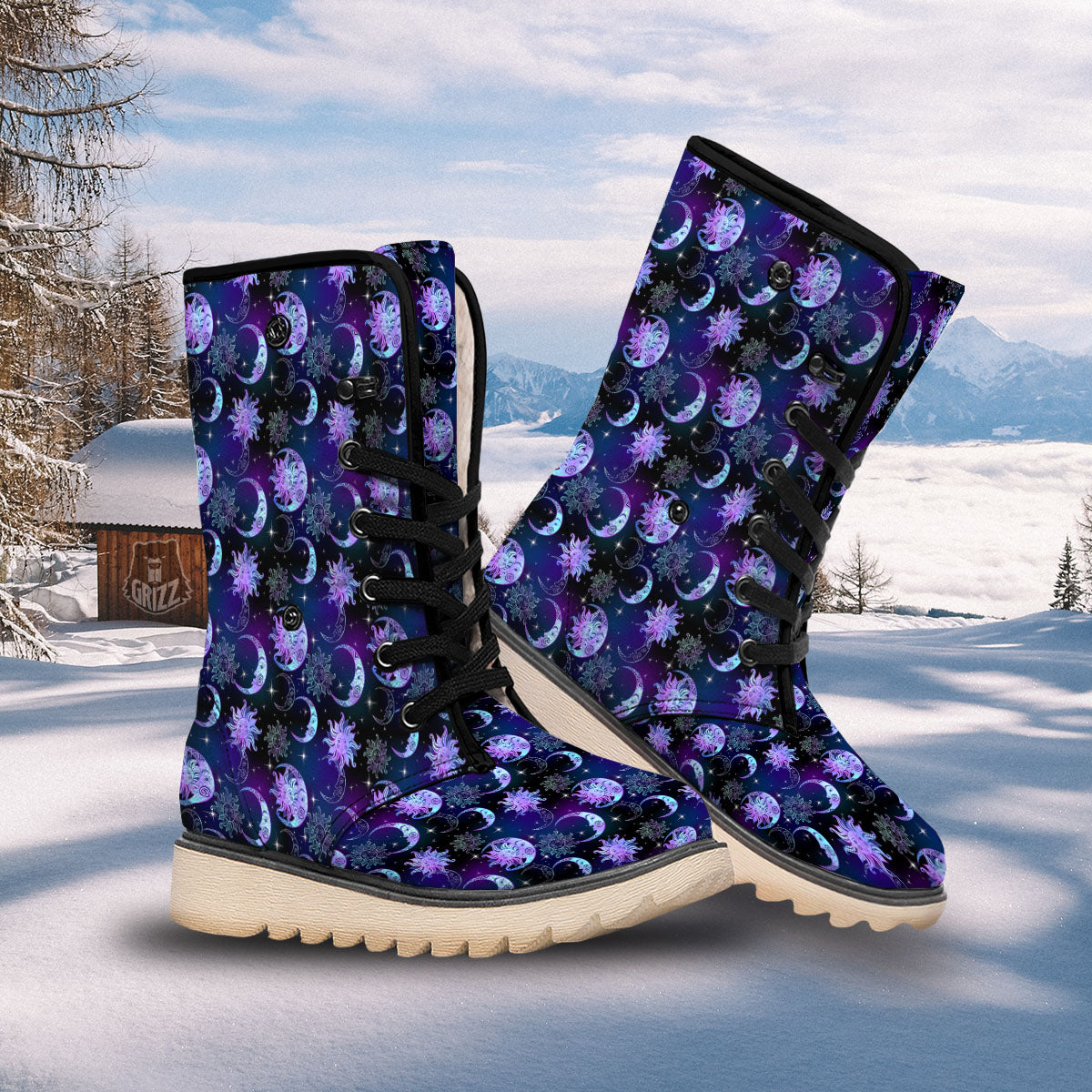 Sun And Moon Galaxy Celestial Print Snow Boots-grizzshop