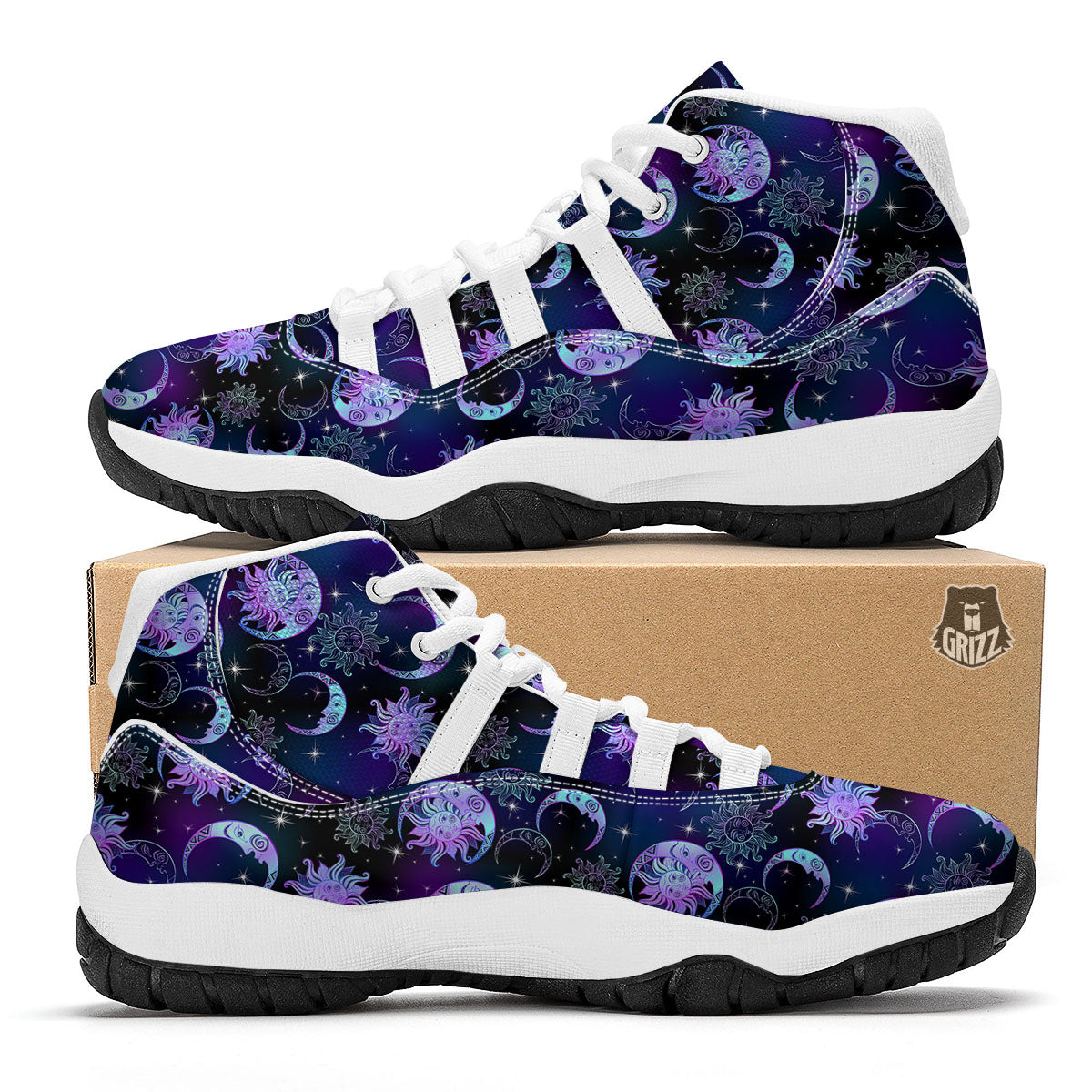 Sun And Moon Galaxy Celestial Print White Bball Shoes-grizzshop