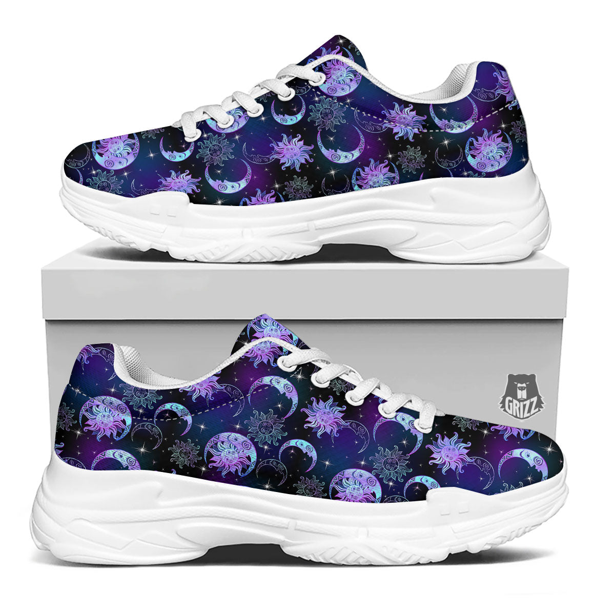 Sun And Moon Galaxy Celestial Print White Chunky Shoes-grizzshop