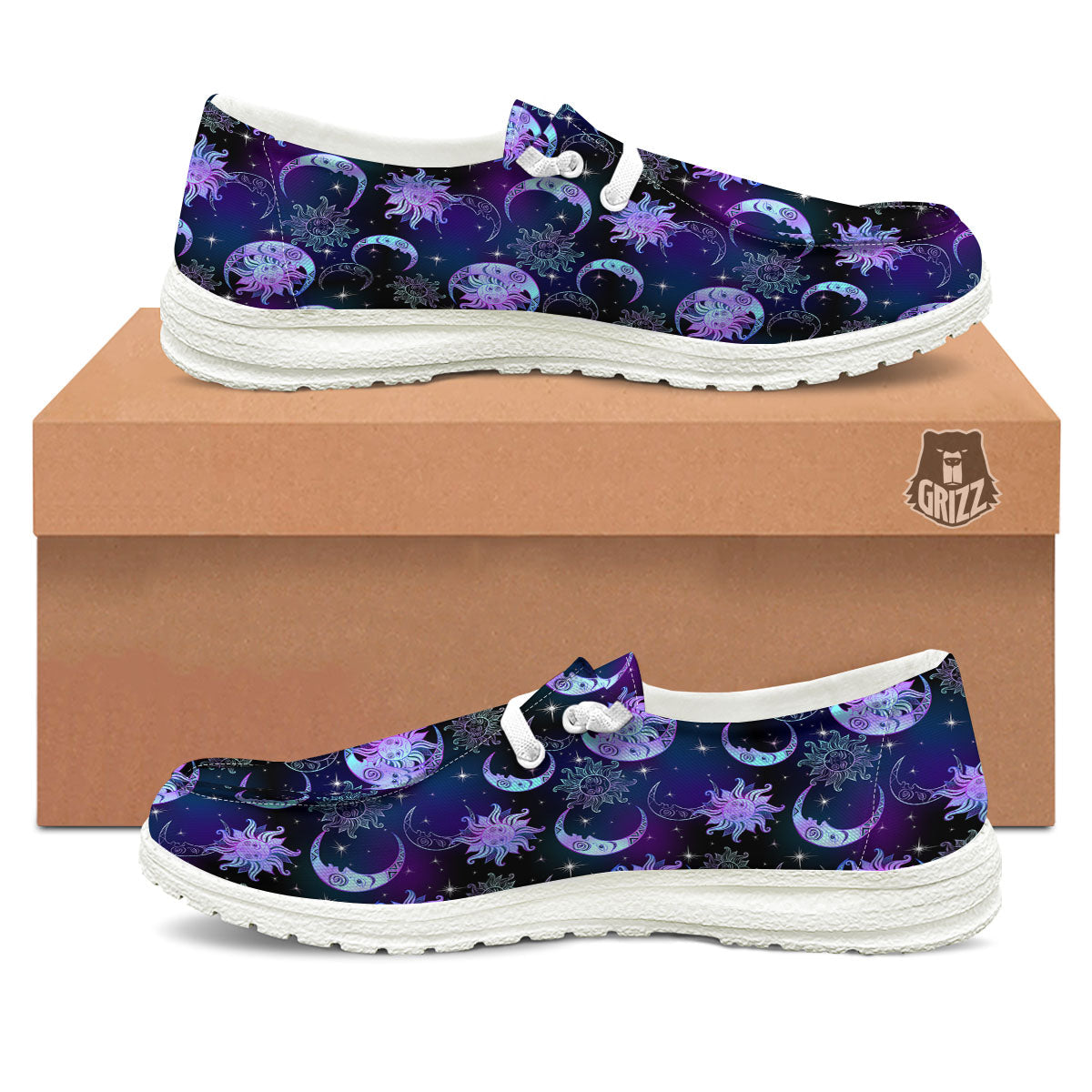 Sun And Moon Galaxy Celestial Print White Loafers-grizzshop
