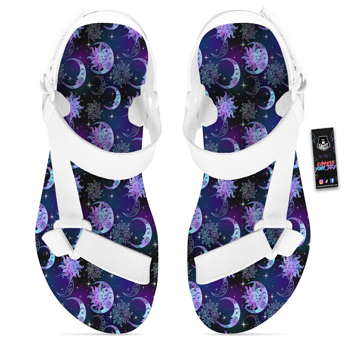 Sun And Moon Galaxy Celestial Print White Open Toe Sandals-grizzshop