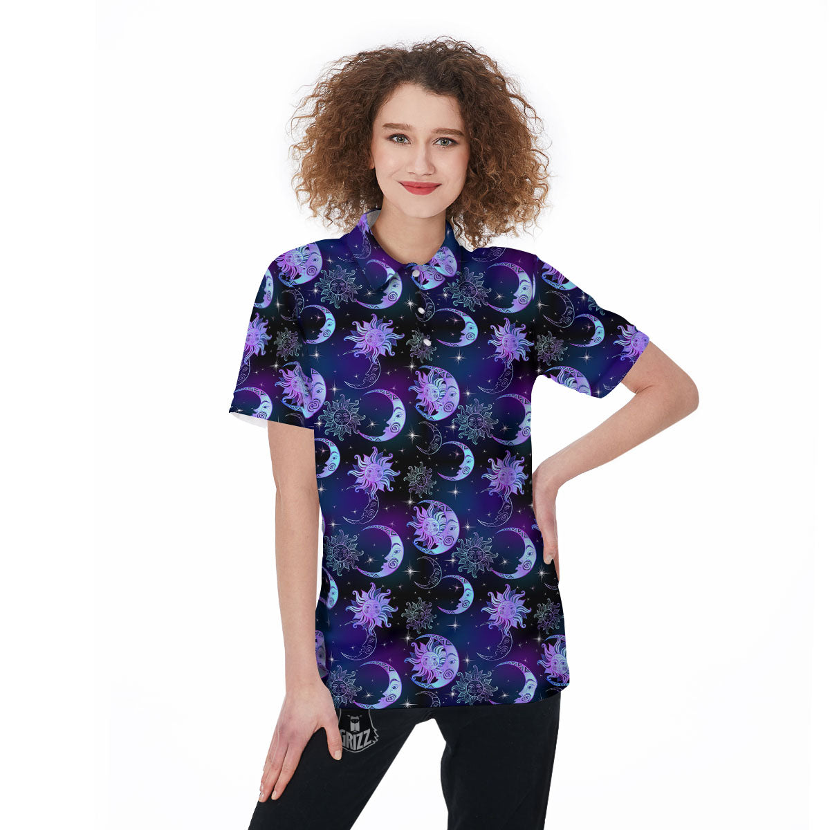 Sun And Moon Galaxy Celestial Print Women's Golf Shirts-grizzshop