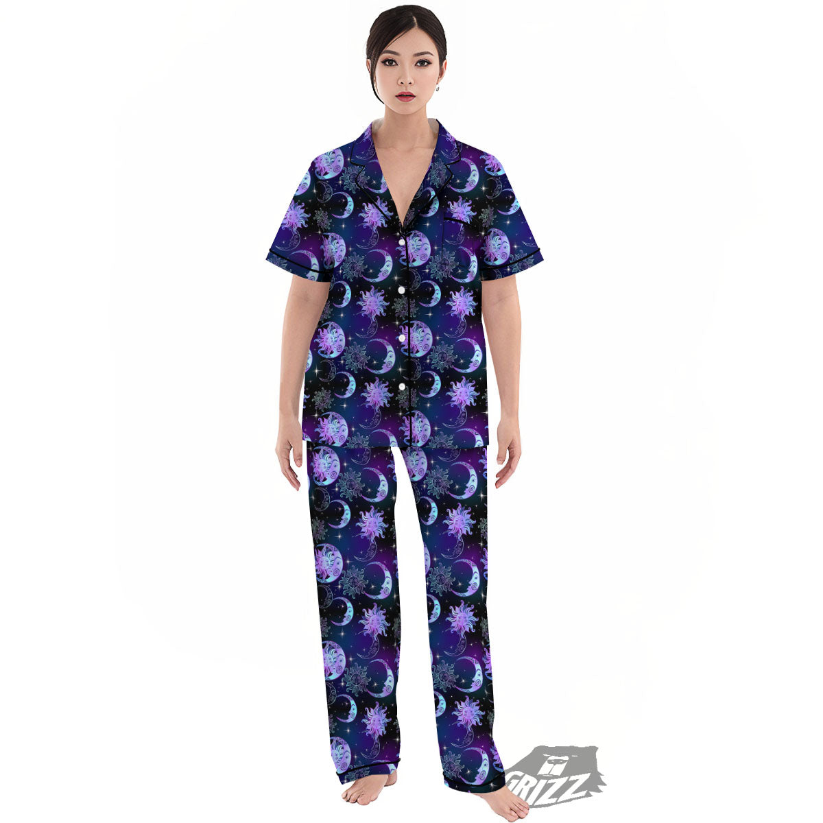 Sun And Moon Galaxy Celestial Print Women's Pajamas Set-grizzshop