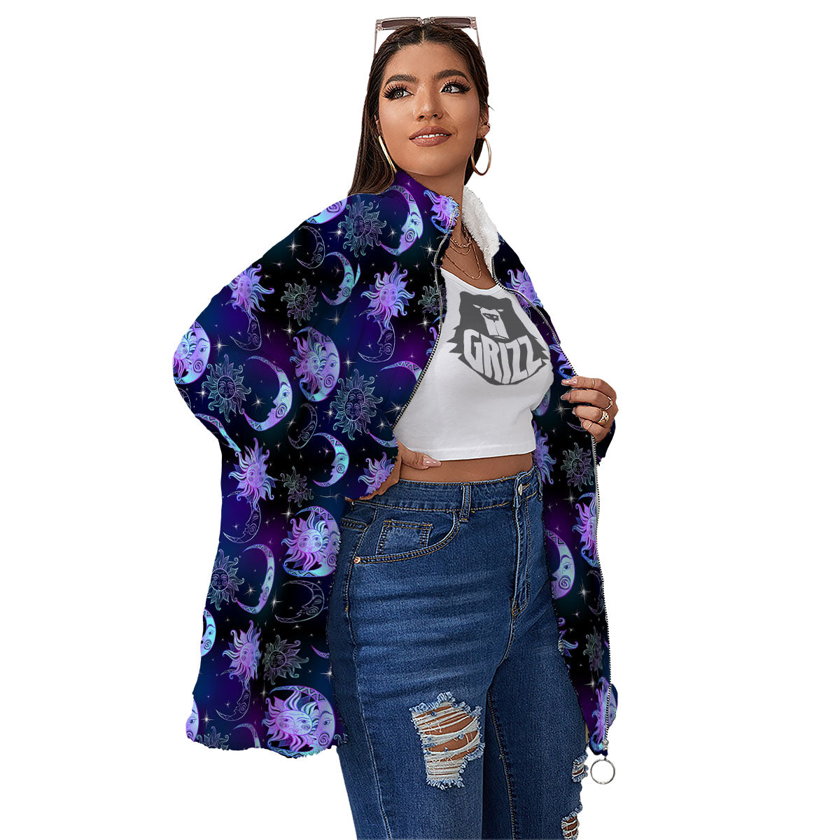 Sun And Moon Galaxy Celestial Print Women's Sherpa Jacket-grizzshop