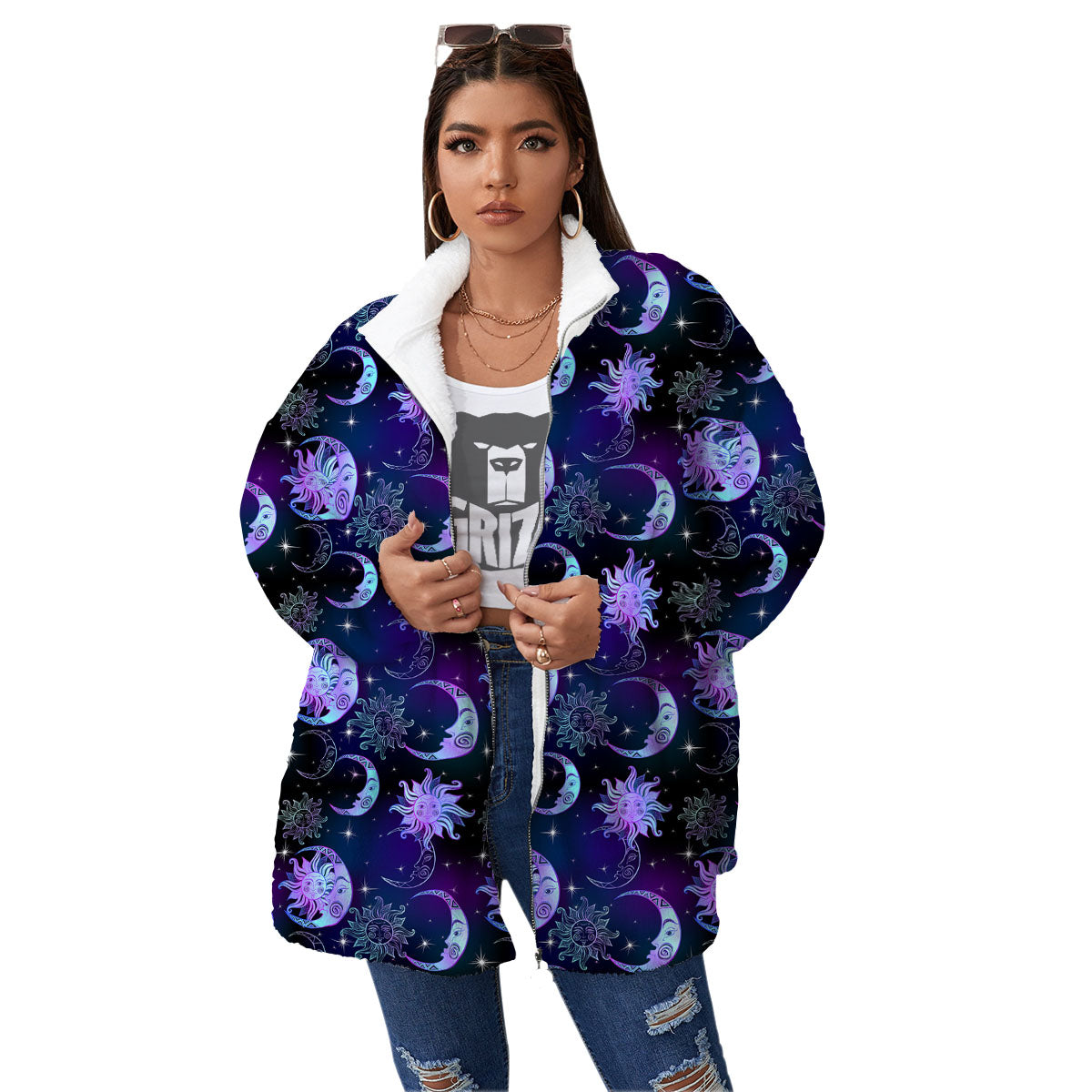 Sun And Moon Galaxy Celestial Print Women's Sherpa Jacket-grizzshop