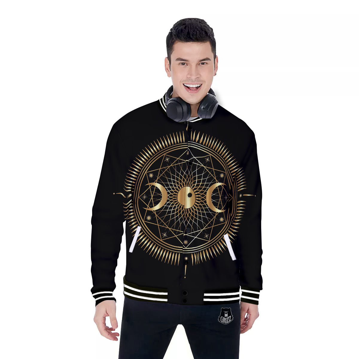 Sun And Moon Geometric Celestial Print Baseball Jacket-grizzshop