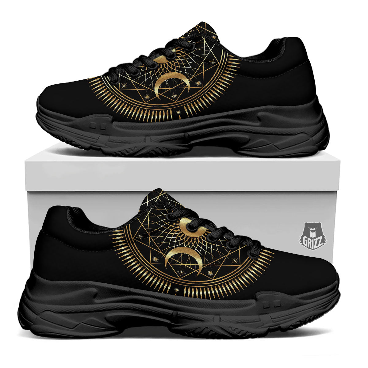 Sun And Moon Geometric Celestial Print Black Chunky Shoes-grizzshop