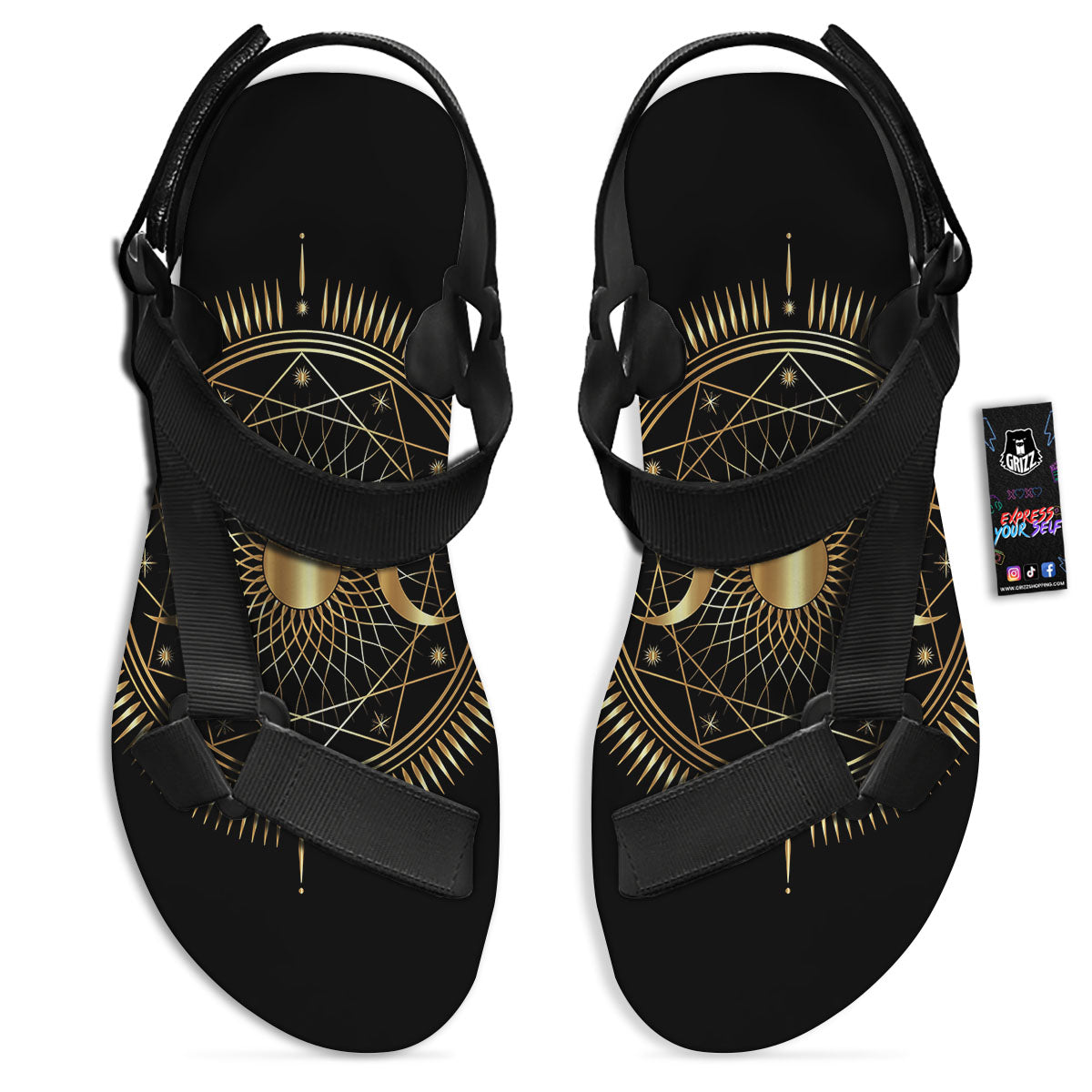Sun And Moon Geometric Celestial Print Black Open Toe Sandals-grizzshop